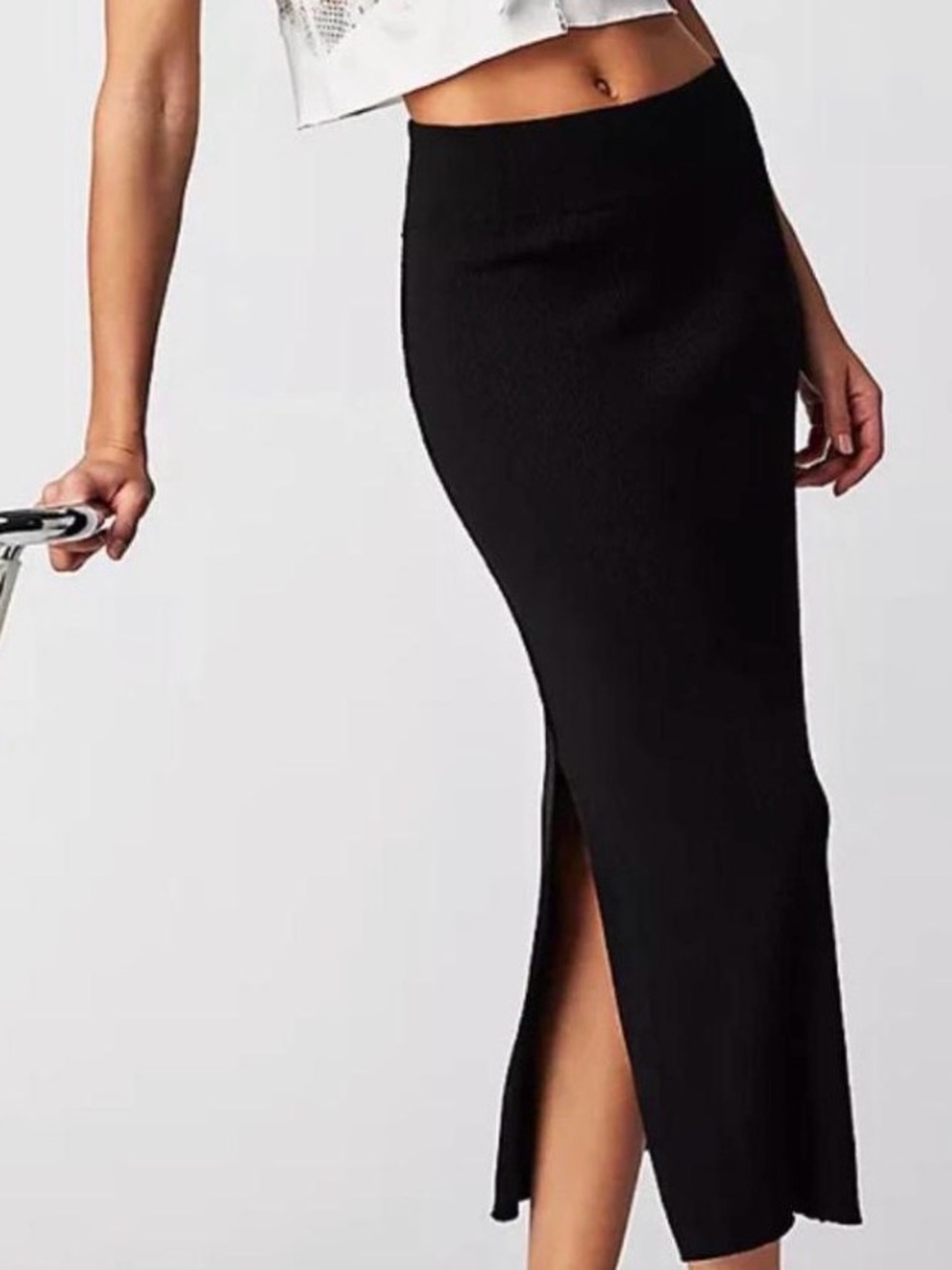 Free People: Black Ribbed Midi Skirt with Side Slit |